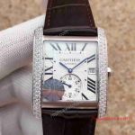Swiss Quality Replica Cartier Tank MC Watch SS Diamond Bezel Brown Leather